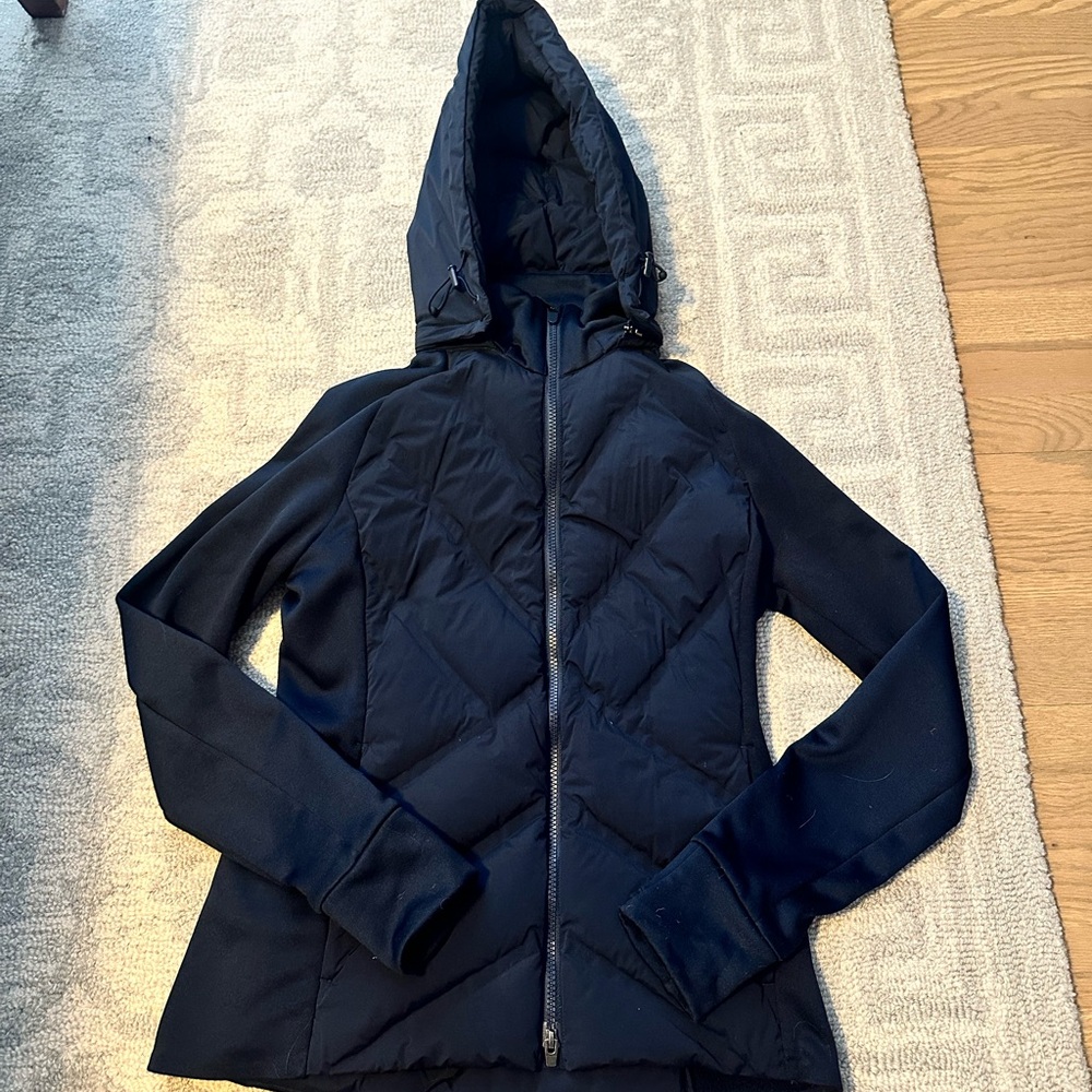 Athleta Inlet Navy Blue Hooded Down Insulated Puffer Jacket | S